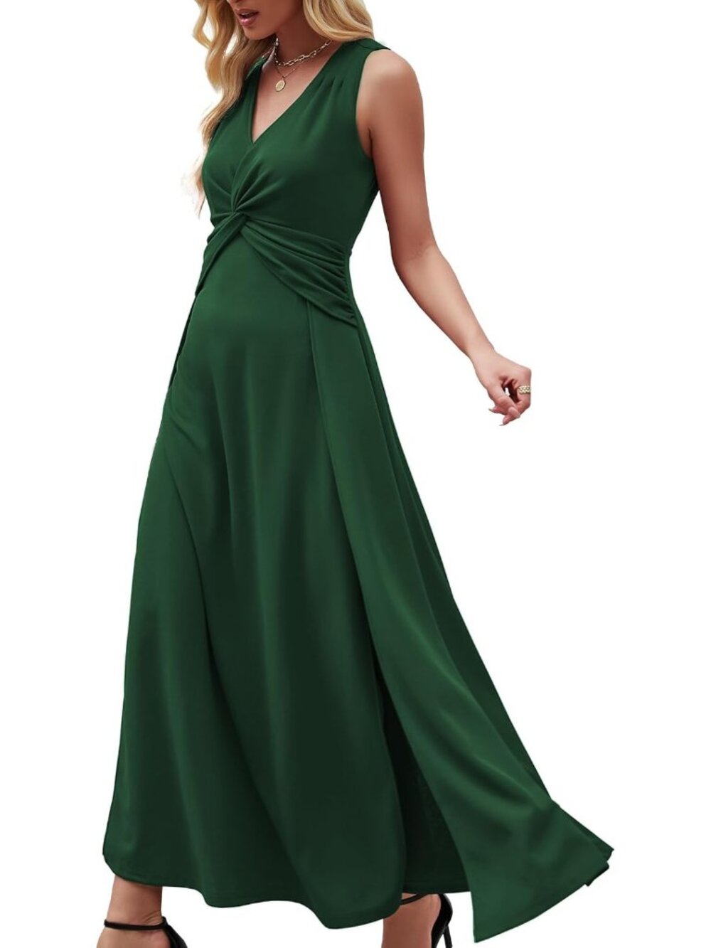 Women's Dark Green V Neck Sleeveless Back Zipper Formal Weddings Maxi Dresses